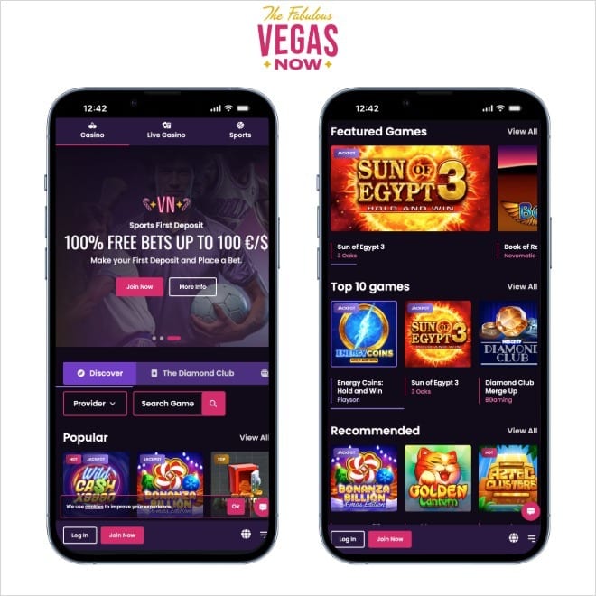 vegasnow screenshots on mobile on a white background