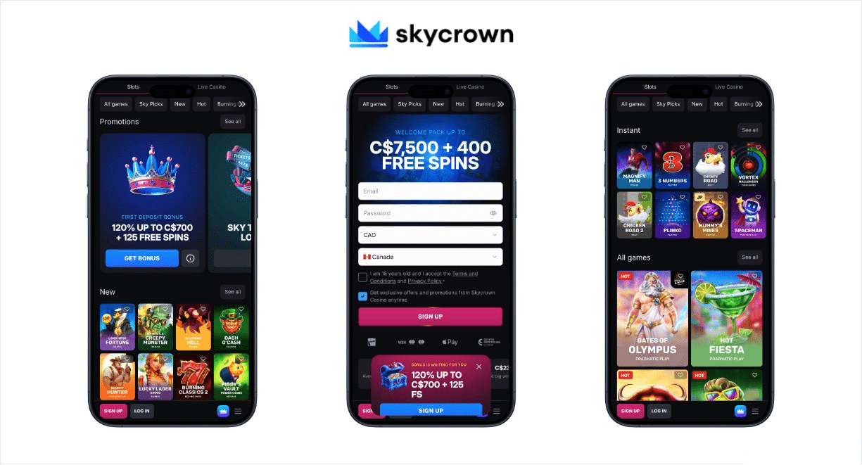 A screenshot of skycrown casino imposed on three seperate cellphones